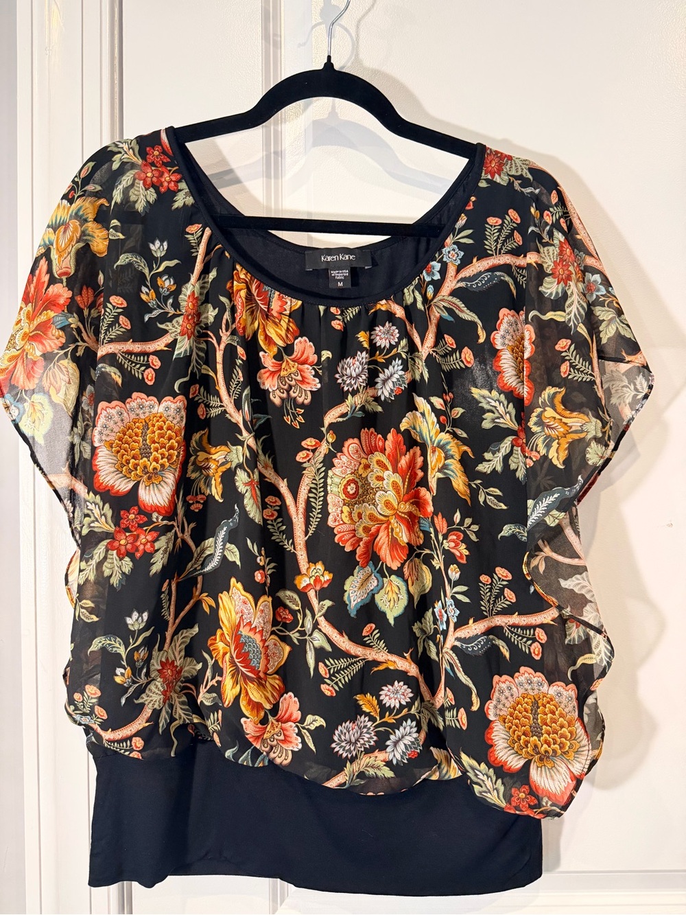 Karen Kane Black Floral Chiffon Overlay Blouse